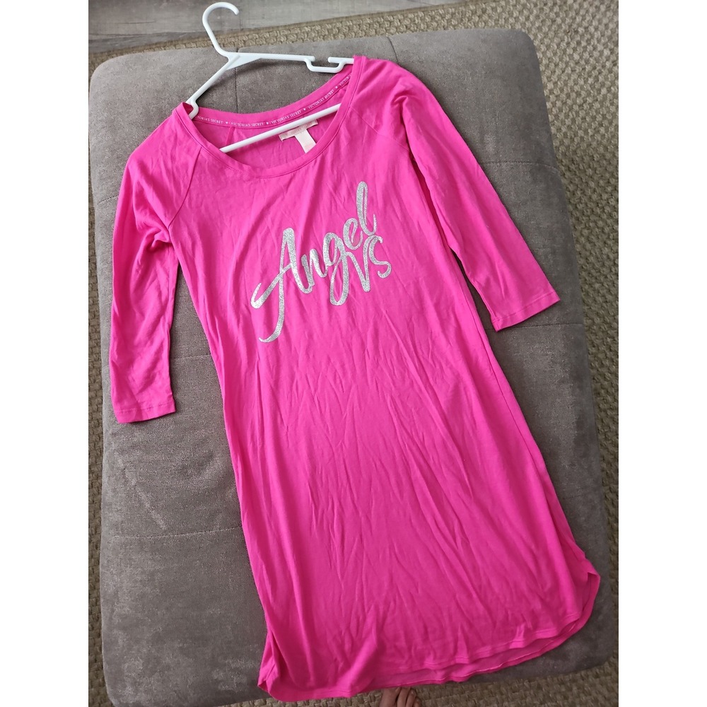 Victoria's Secret Pink "Angel VS" Graphic Sleep Shirt Nightgown XS Pink Silver